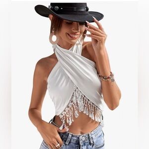 Stylish White Halter Crop Top with Fringe